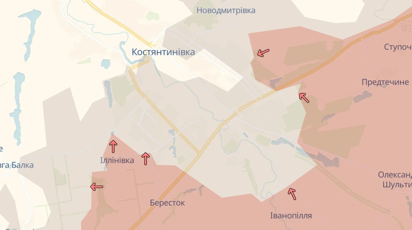 Оновлена мапа DeepState з позначеним просуванням російських військ поблизу Костянтинівки Донецької області